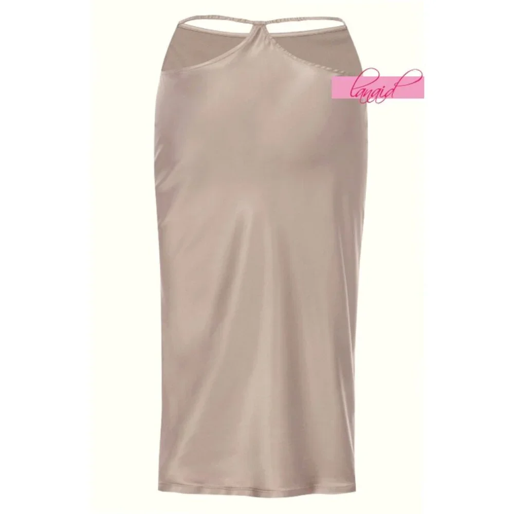 Miaou Verona Midi Skirt Back Cut-Outs Cutouts Shiny Satin Champagne Edgy Stretch
